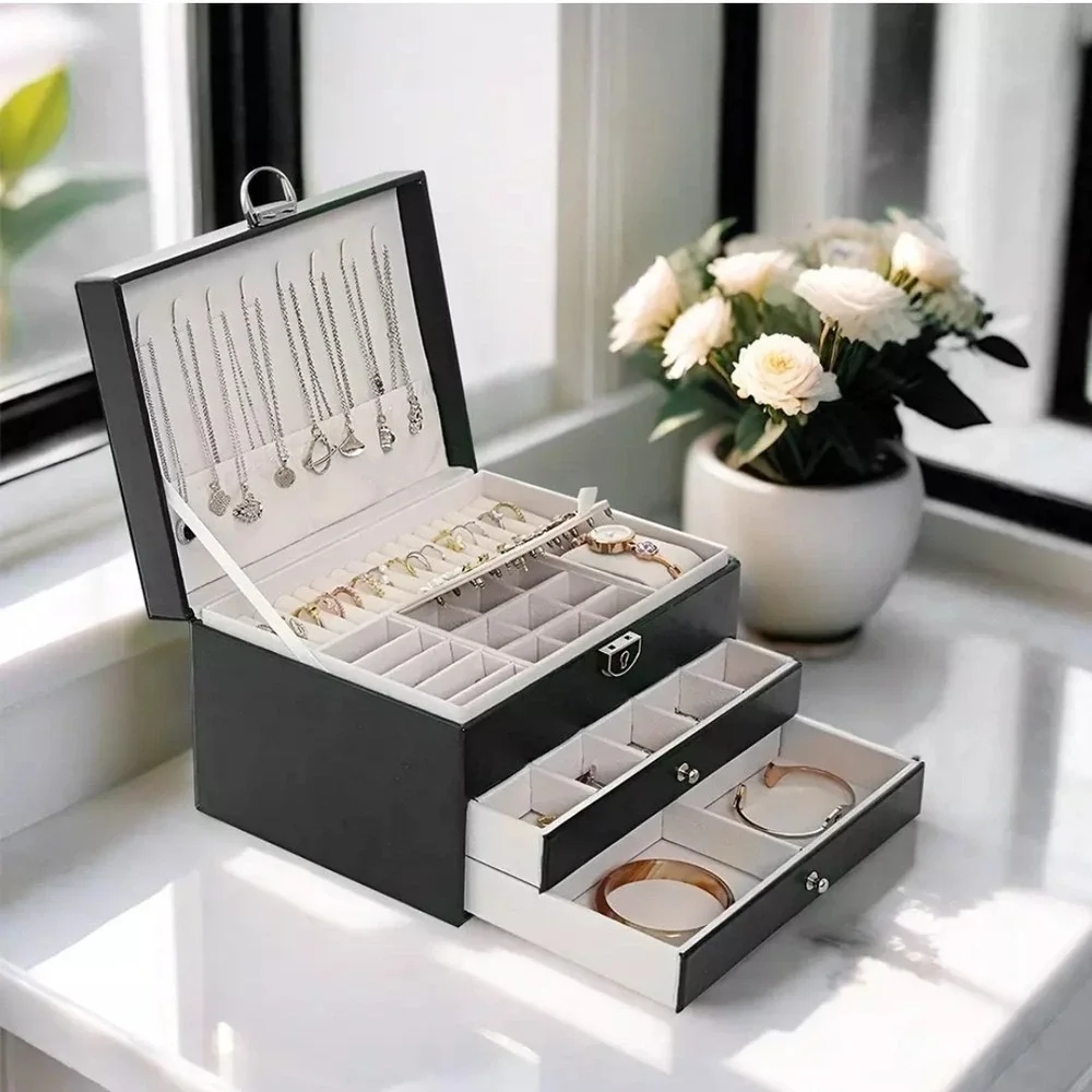 Green Jewellery Box Leather Storage‎ Case Drawer Cabinet Necklace Organizer
